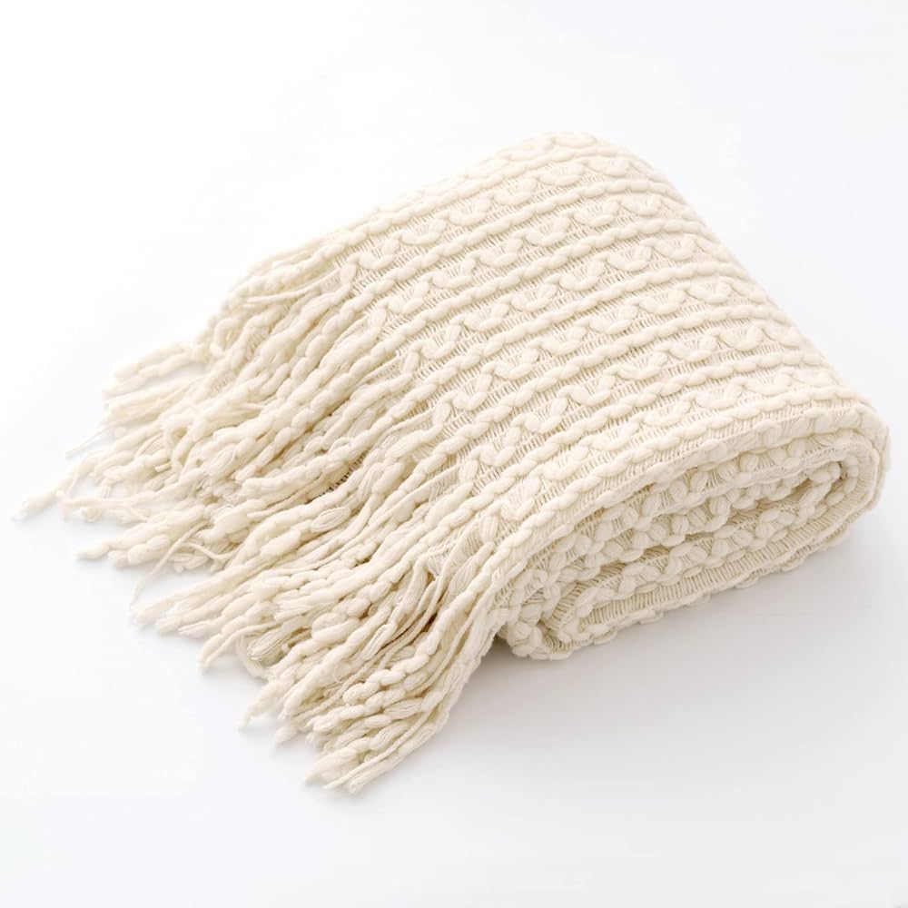 MIULEE White Throw Blanket for Couch Soft Textured Knitted Blanket with Tassels Cozy Woven Wave P... | Amazon (US)