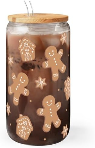 Gingerbread Christmas 16oz Can Glass Tumbler with Bamboo Lid & Straw - Iced Coffee Cup for Women ... | Amazon (US)