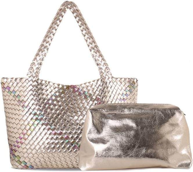 Woven Bag for Women, Vegan Leather Tote Bag Large Summer Beach Travel Handbag and Purse Retro Han... | Amazon (US)