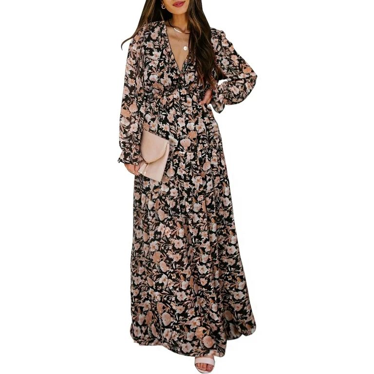 Dokotoo Ladies Black Boho Floral Maxi Dress Flowy Ruffle Trim Long Sleeve Fall Dresses Casual Dre... | Walmart (US)