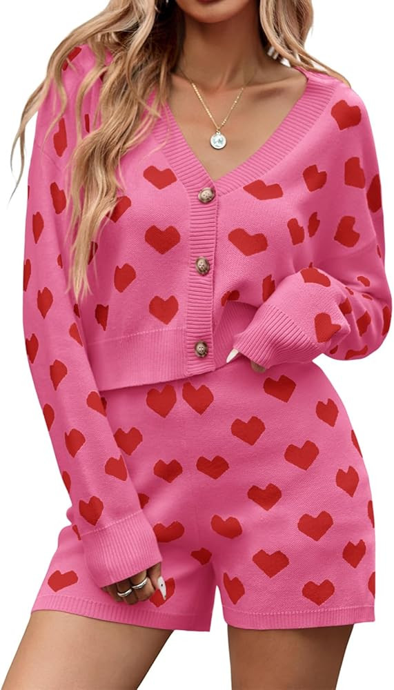 Tankaneo Womens Valentine's Day Sweater Sets Heart Knit Long Sleeve Cropped Cardigan and Shorts 2... | Amazon (US)