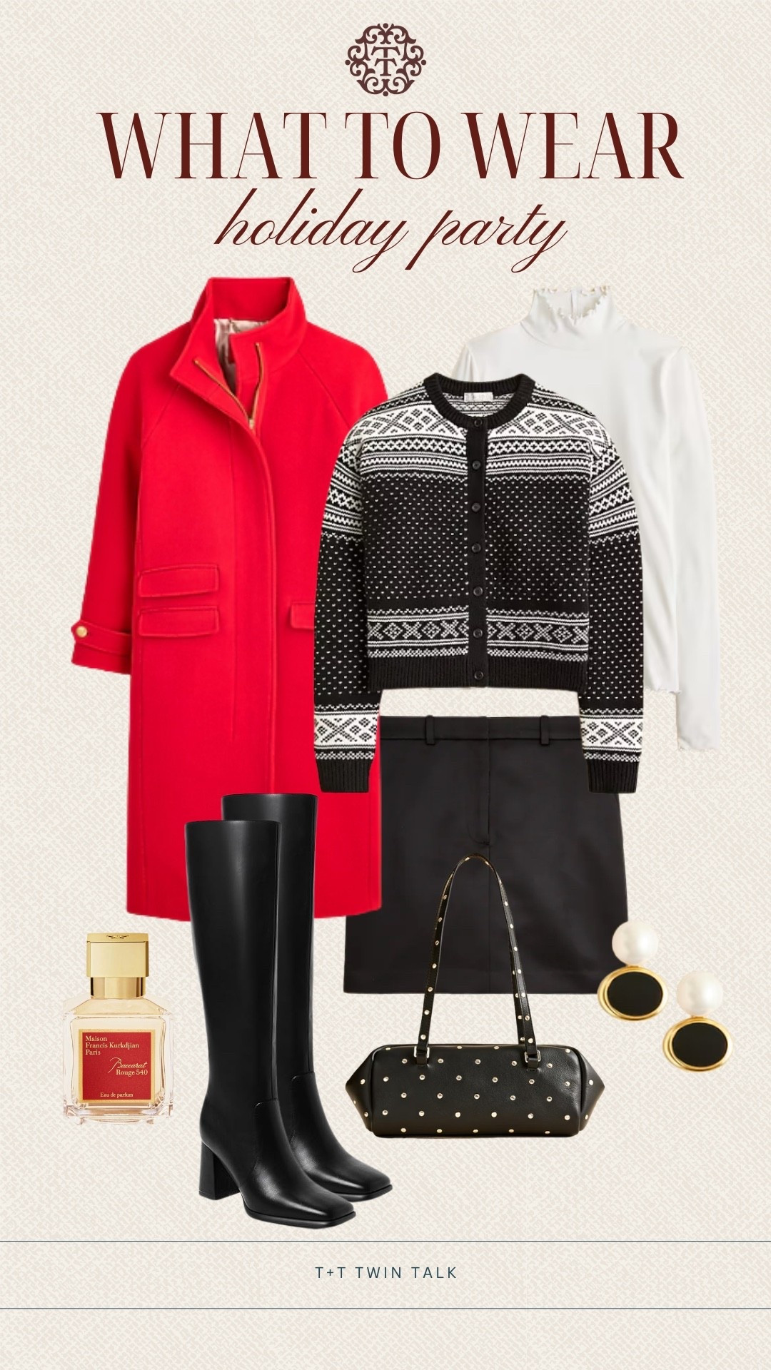 T+T, what to wear to a holiday party! We would layer the patterned cardigan over a white turtleneck, pair it with a black skirt, tights, and tall boots. Add a red coat for a pop of color, a statement purse, and a pair of earrings from J.Crew to complete the look. 

#LTKHoliday #LTKOver40 #LTKMidsize
