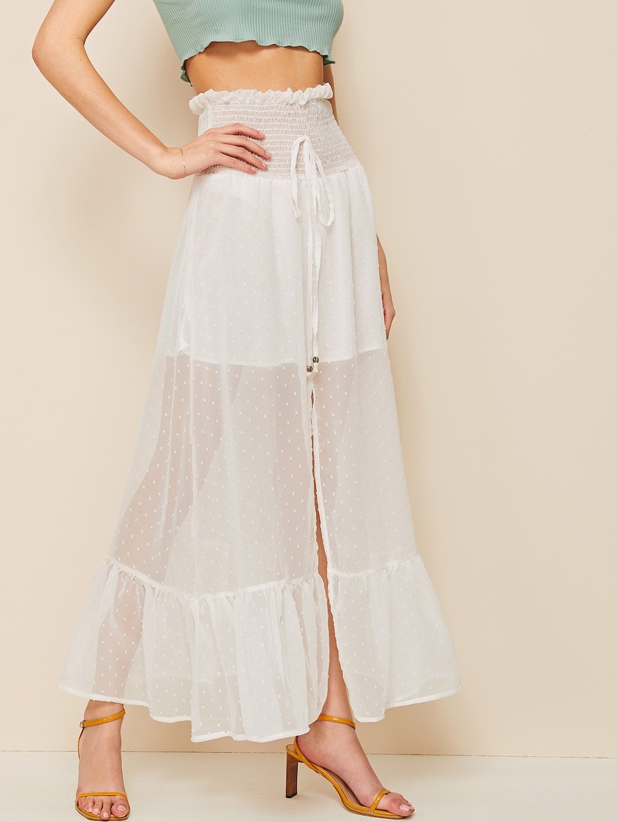 Split Front Frill Waist Swiss Dot Skirt | SHEIN