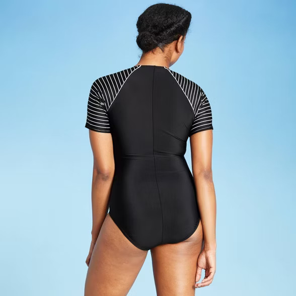 Women's Short Sleeve One Piece Rashguard - All in Motion™ Black & White Stripe | Target