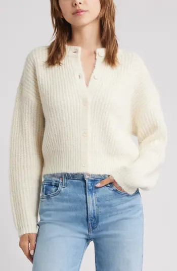 Open Edit Fuzzy Crewneck Cardigan in Ivory at Nordstrom Rack, Size Medium | Nordstrom Rack