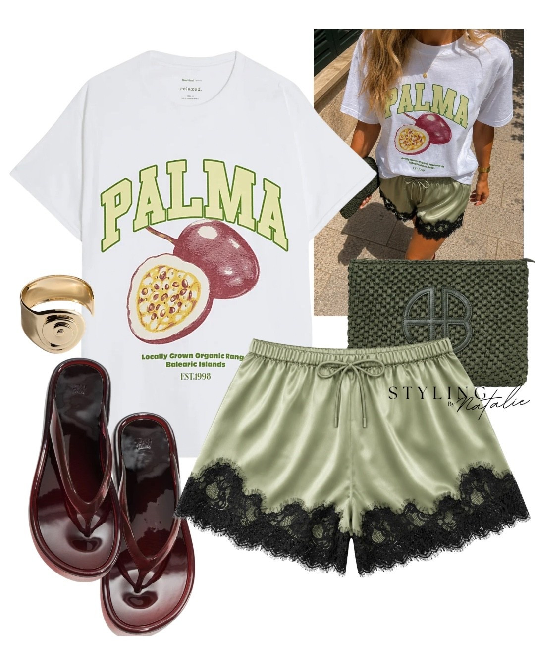 LACE STYLING- Graphic t-shirt, satin lace trim shorts, jelly sandals, Anine Bing pouch clutch, olive green shorts, Summer outfit, new in, Zara, holiday outfit.

#LTKsummer #LTKeurope #LTKdatenight