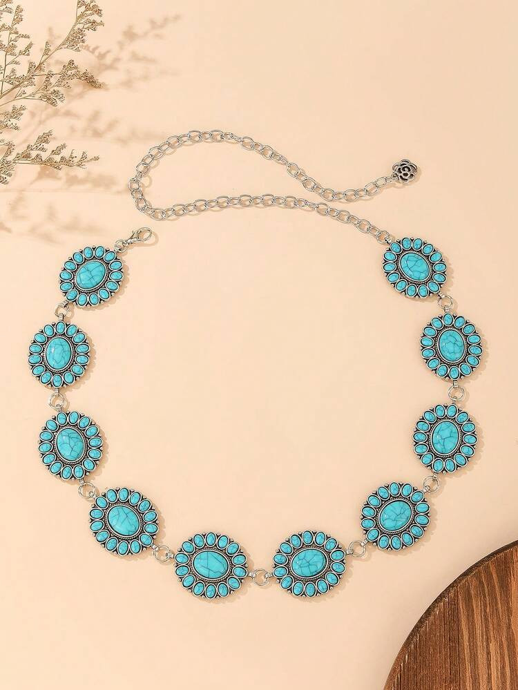1pc Silver Metal Alloy Women's Belt - Elegant Vintage Fashion Item, Decorated With Cracked Turquoise Floral Frame, Rose-Shaped Buckle And Adjustable Chain, Suitable For Daily Wear And Valentine's Day Dinner, Can Be Paired With Elegant Dresses, A Charming Waist Accessory For Formal Occasions. | SHEIN