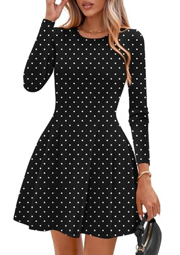 PRETTYGARDEN Womens Long Sleeve Pleated Mini Dress,Dot Black White,M | Amazon (US)