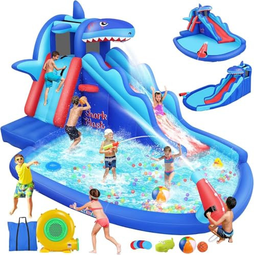 AKEYDIY Inflatable Water Slide, Shark Themed Blow Up Water Slide Park with Long Slide, Climbing Wall,Shower Head, Inflatable Water Slide for Kids Backyard 3-10,Water Bounce House with 450W Blower | Amazon (US)
