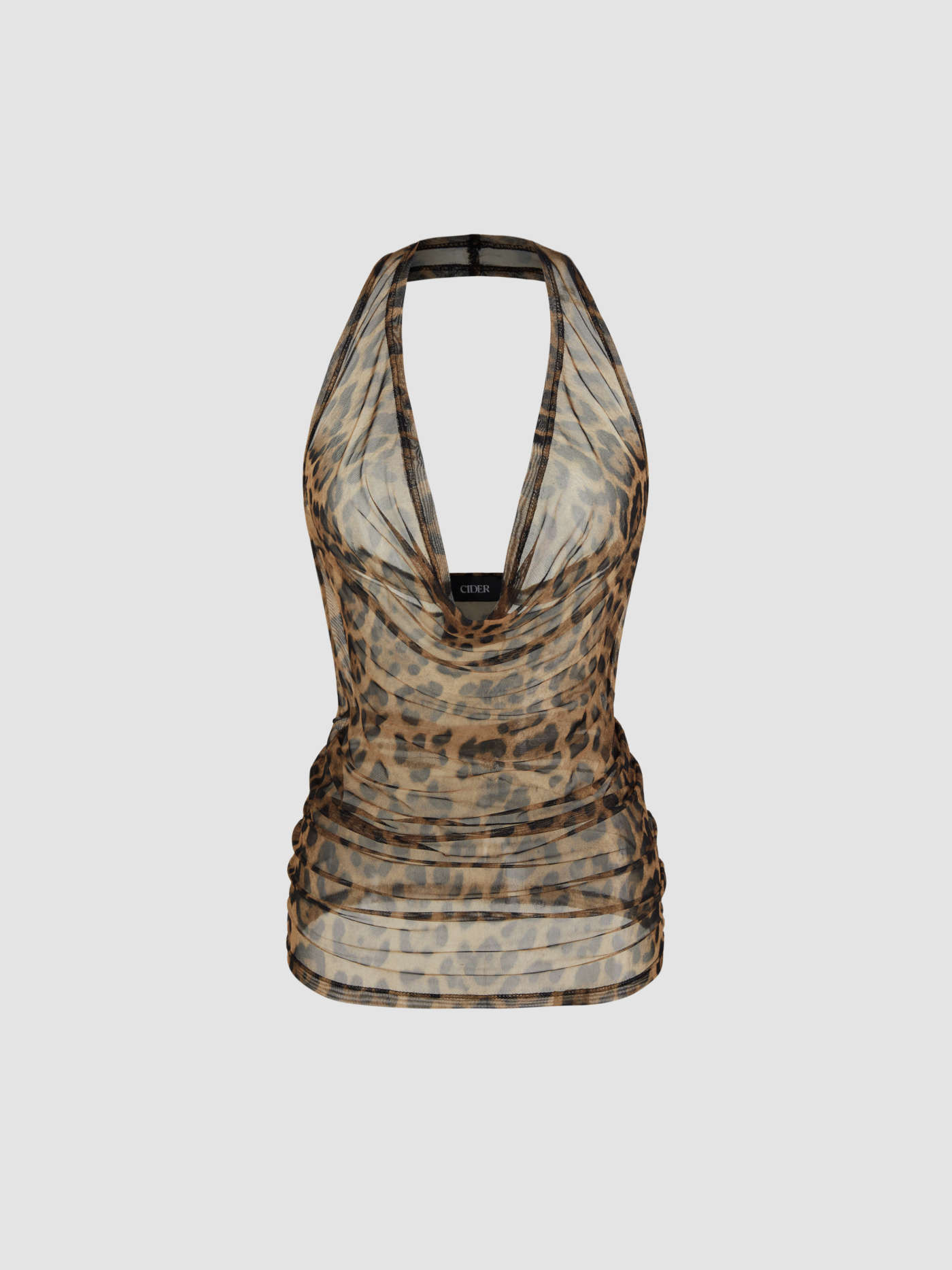 Mesh Halter Cowl Neck Leopard Ruched Top | Cider