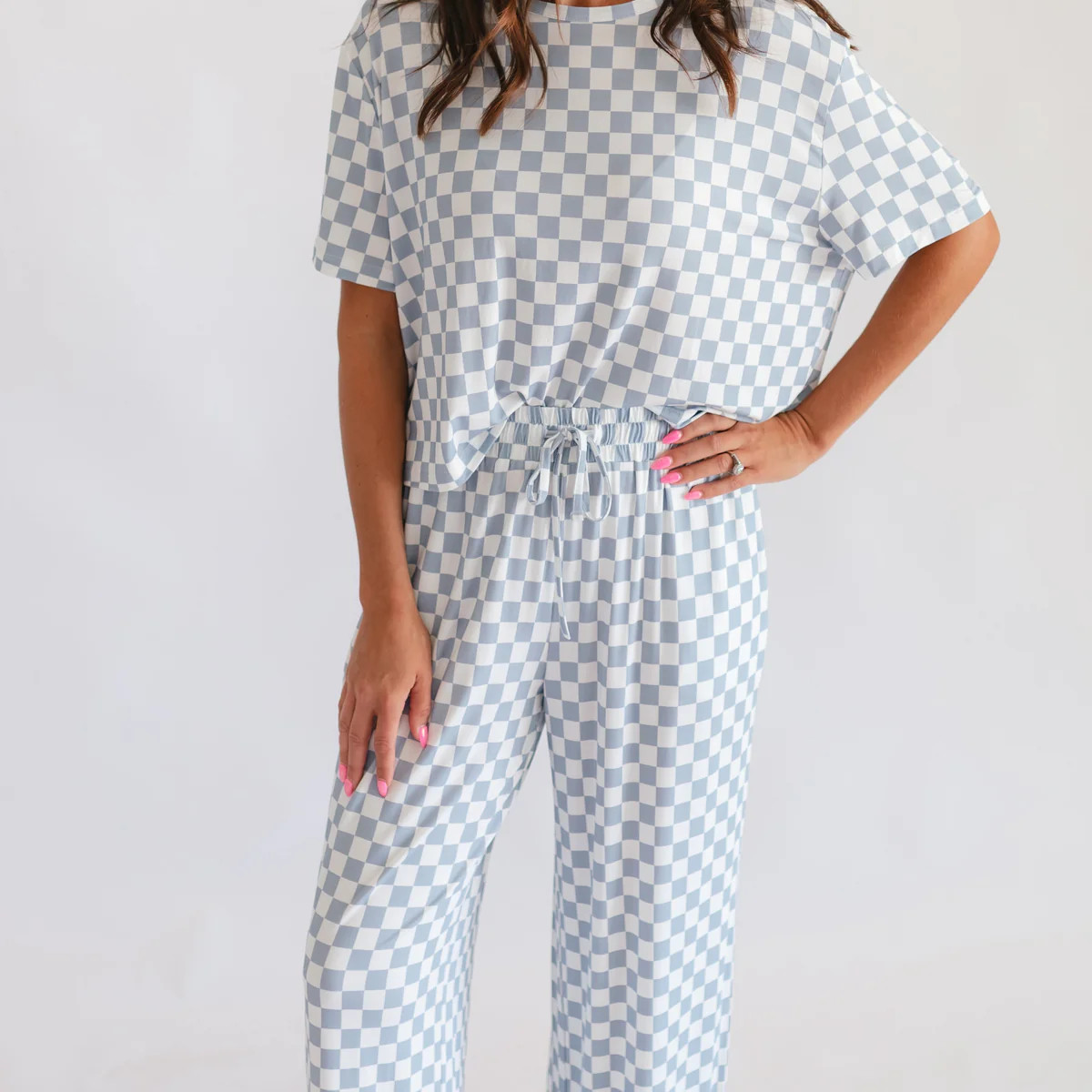 Women's T-Shirt and Pants Set in Cornflower Blue Checkered | Silks Design