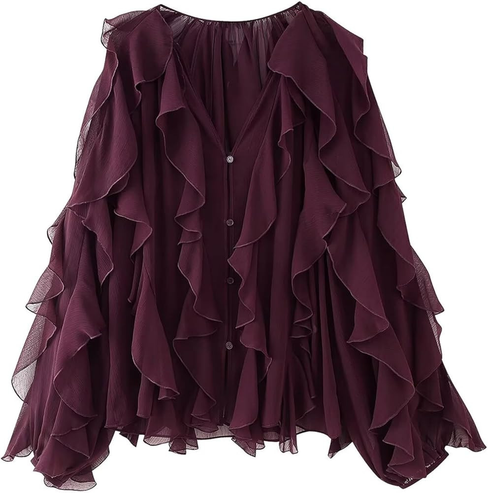 HangNiFang Ruffled Multi-Layered Summer Blouse for Women Chiffon Shirt Tops | Amazon (US)