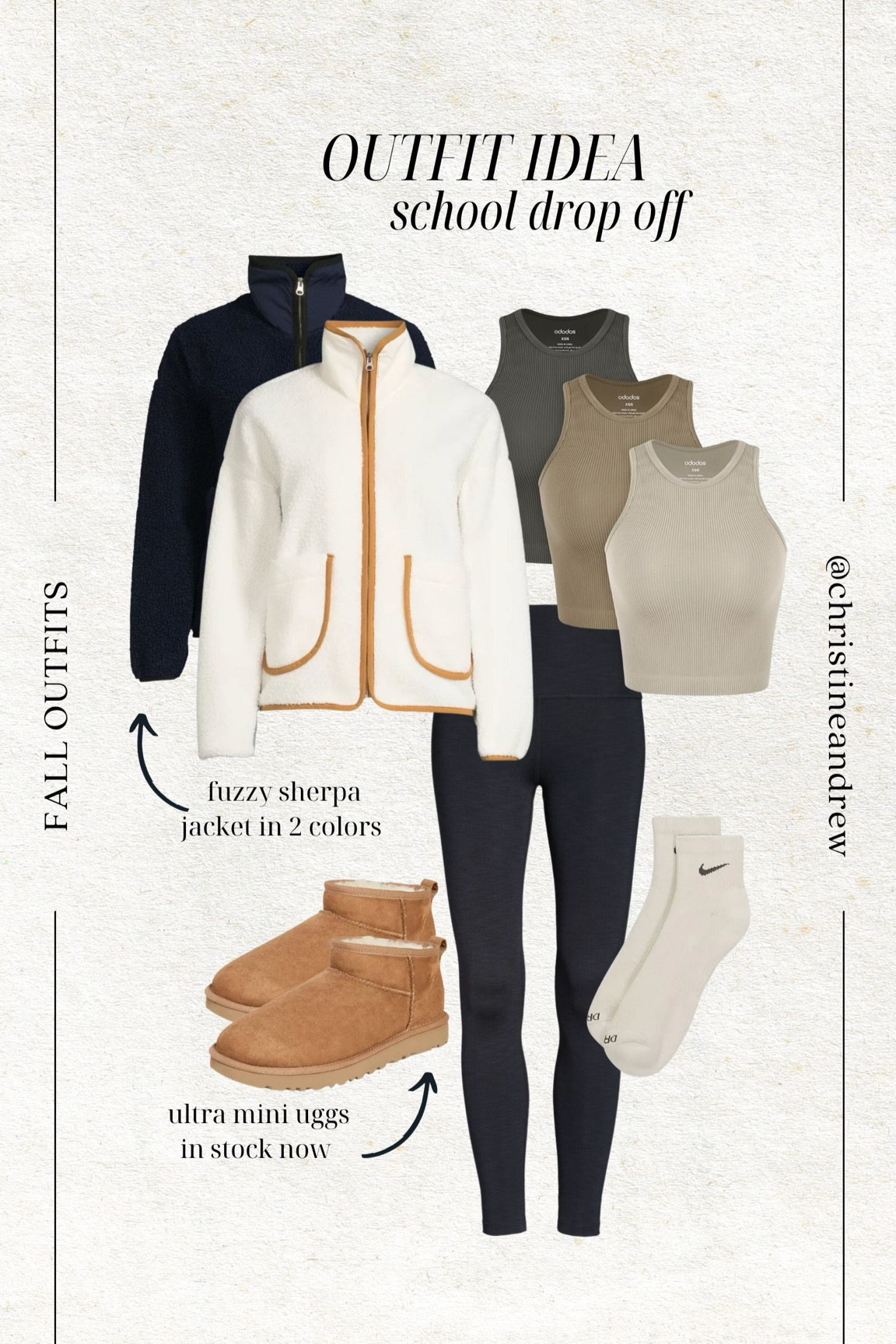 School drop off outfit idea 🤎 I’ve been wearing these fuzzy sherpa jackets on repeat lately - they’re so cute and under $30!  The chestnut ultra mini Uggs are in stock in a bunch of sizes - now is the time to buy. 

Fall outfit; fall style; school drop off outfit; casual style; mom style; ultra mini Ugg; sherpa jacket; ribbed tank; black leggings; Christine Andrew 

#LTKfindsunder50 #LTKSeasonal #LTKstyletip