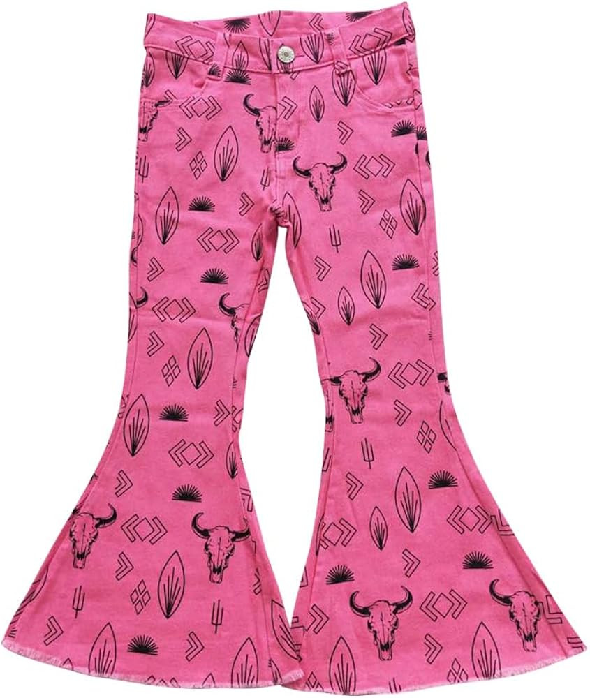 Todder Western Western Geometry hot Pink Cow Kids Jeans Girl Jeans Bell Bottom Pants | Amazon (US)
