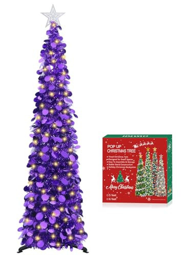 HMASYO 6 FT Pop Up Christmas Tree with 100 LED Lights & Remote, Purple Christmas Tinsel Tree, Collapsible Artificial Pencil Tree for Home Office Party Decor, USB Powered Timer Lights, Easy Assembly | Amazon (US)