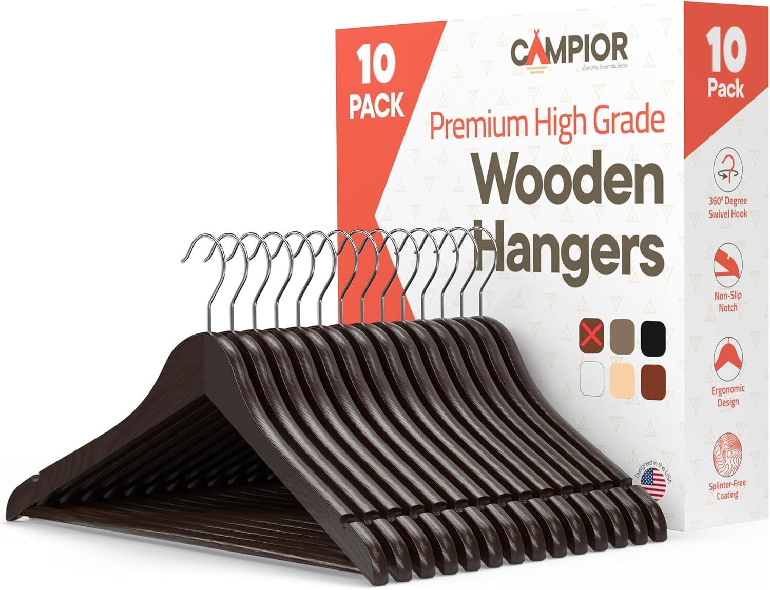 Campior - Wooden Hangers – 10-Pack, 360° Swivel Hook, Non-Slip, Pants Bar, Grooves, Space-Saving & Smooth Finish - Black | Best Buy U.S.