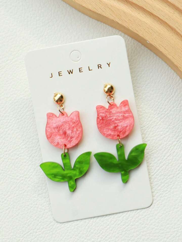 1 Pair Acrylic Bling Bling Flower Earrings, Pink Glitter Flower With Green Leaf Contrast, Sweet & Cute, Suitable Gift For Girls | SHEIN