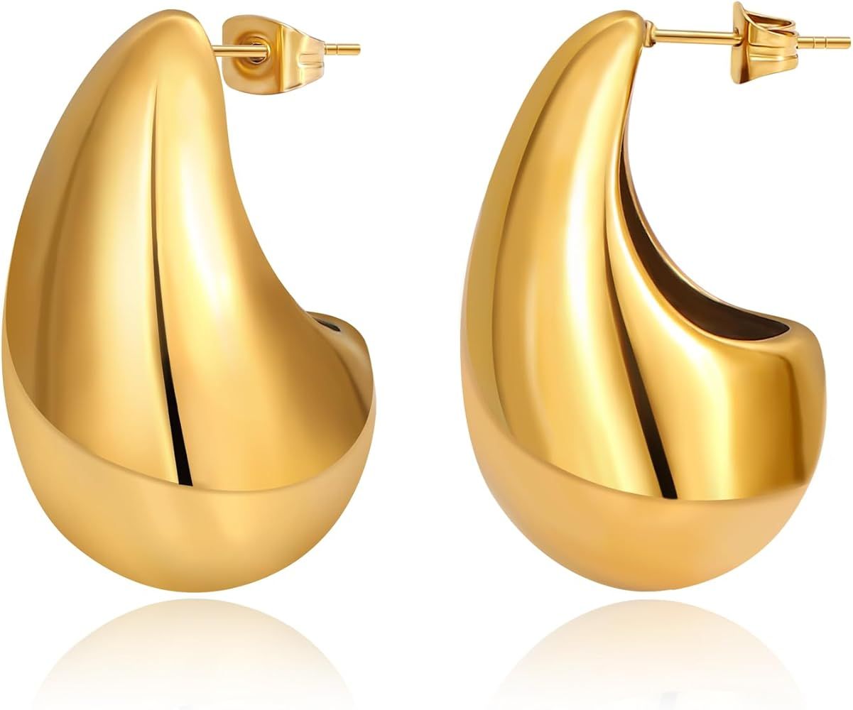 8YEARS Chunky Gold Hoop Earrings for Women, 18K Gold Plated Lightweight Waterdrop Hollow Open Hoo... | Amazon (US)