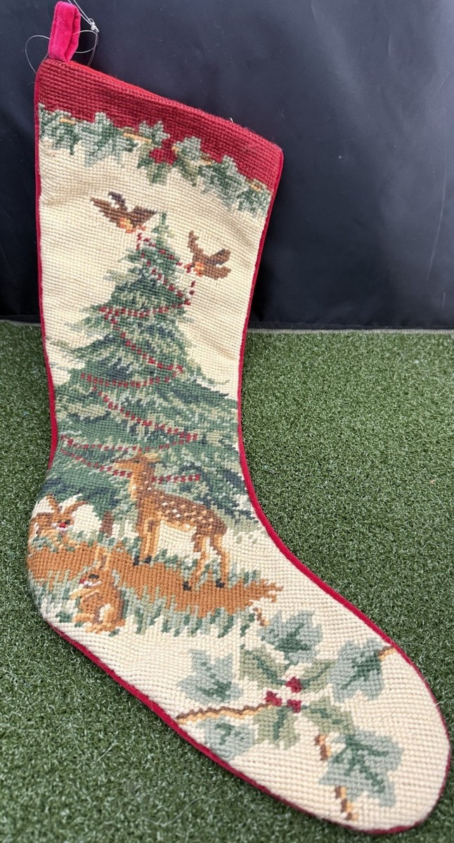 Vintage Needlepoint Christmas Stocking Woodland Bird Deer Bunny Cardinal Velvet | eBay | eBay US
