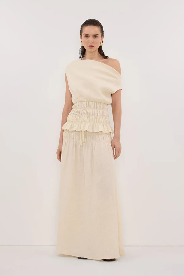 MAIA STRAW LINEN SHIRRED MIDI SKIRT | DISSH