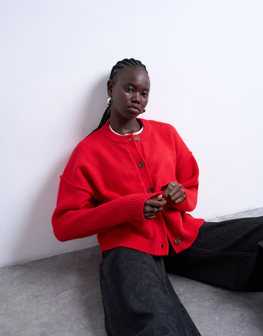 Topshop knitted exposed seam relaxed cardigan in red | ASOS (Global)