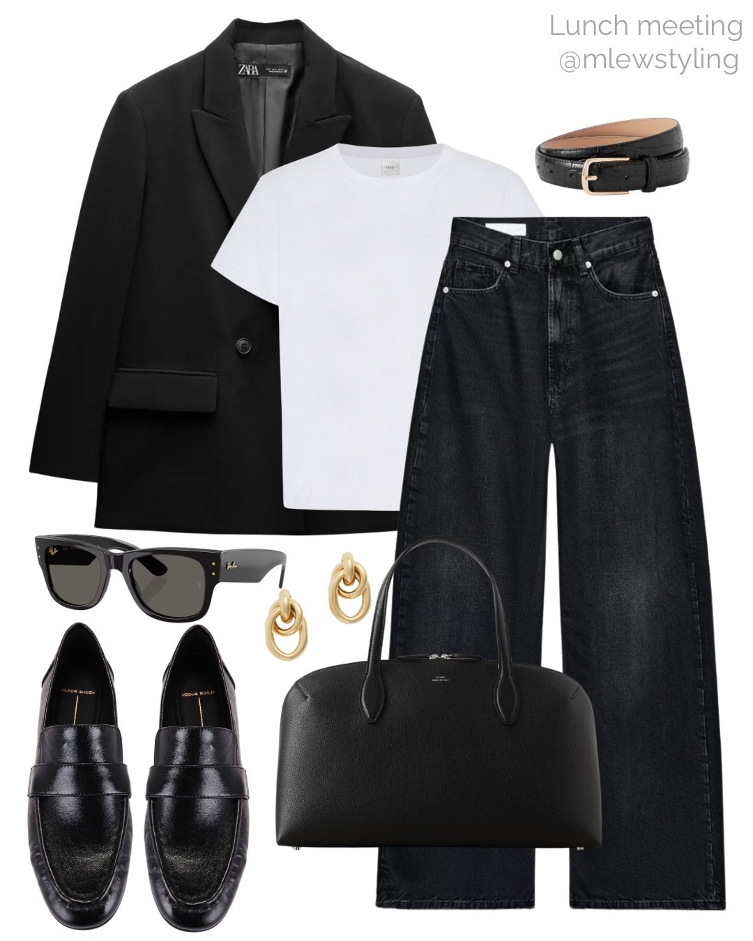 Casual lunch meeting outfit 🖤

Tags: Zara black blazer, leset white T-shirt, black wide leg denim, leather YSL tote bag, revolver black loafers, ray-ban mega wayfarers, gold earrings, black and gold belt, workwear, late winter outfit, early spring fashion, capsule wardrobe, neutral aesthetic 

#LTKWorkwear #LTKFindsUnder100 #LTKootd