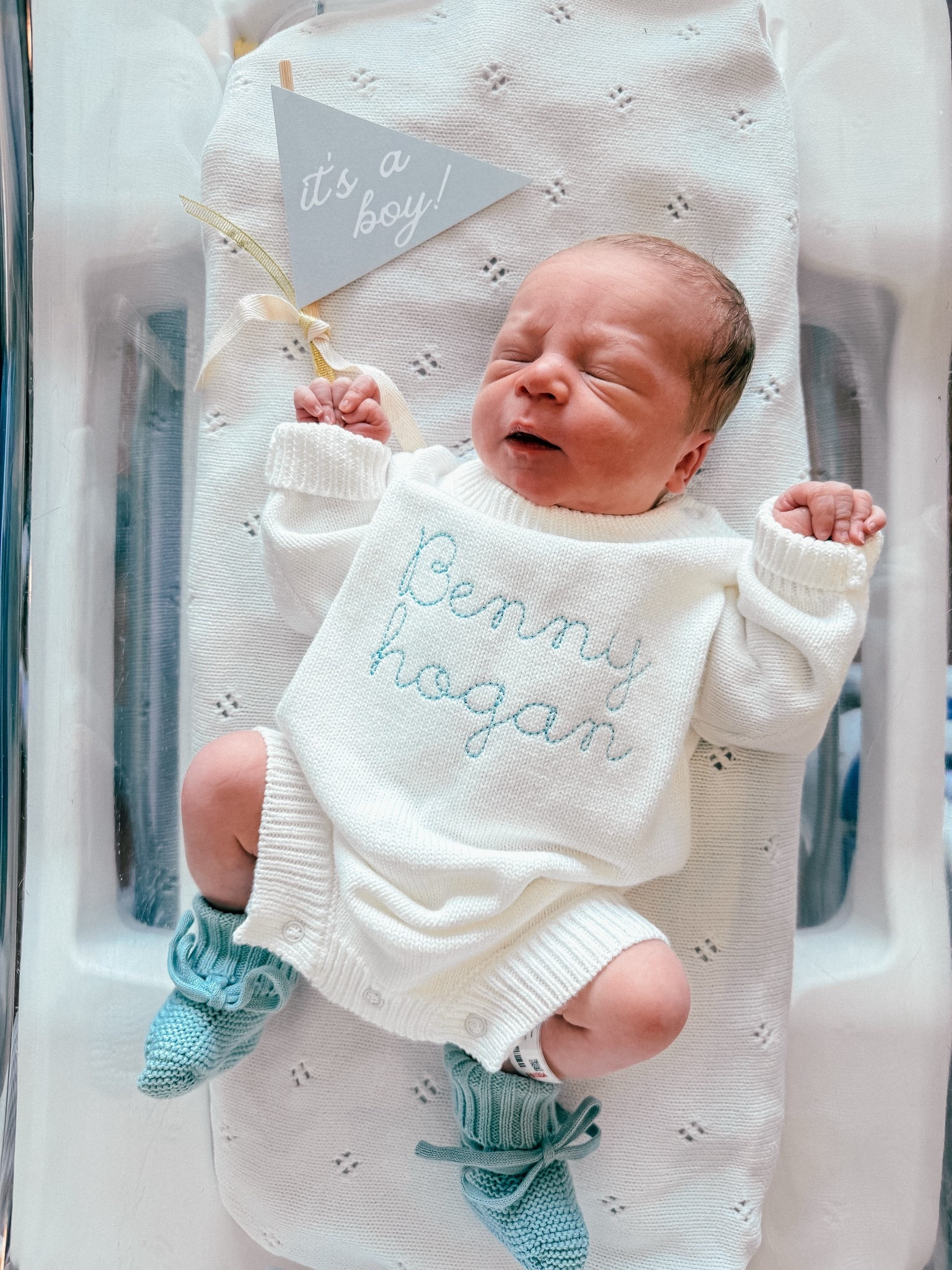 Benny’s first LTK post 🤭🩵👶🏻 linking his booties, signage and blanket! 

Onesie was made by a small business in KC called Stitched By Maggie! Definitely check out her shop 🫶🏻 

#LTKBaby #LTKKids #LTKFamily