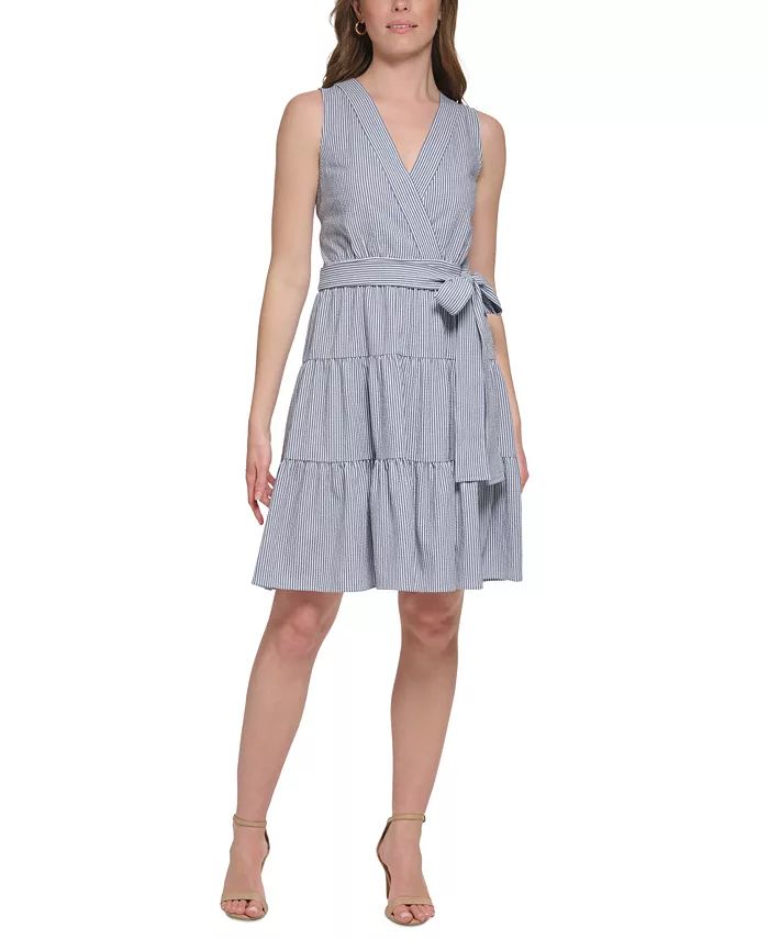 Tommy Hilfiger Petite Striped Seersucker Sleeveless Wrap Dress - Macy's | Macy's