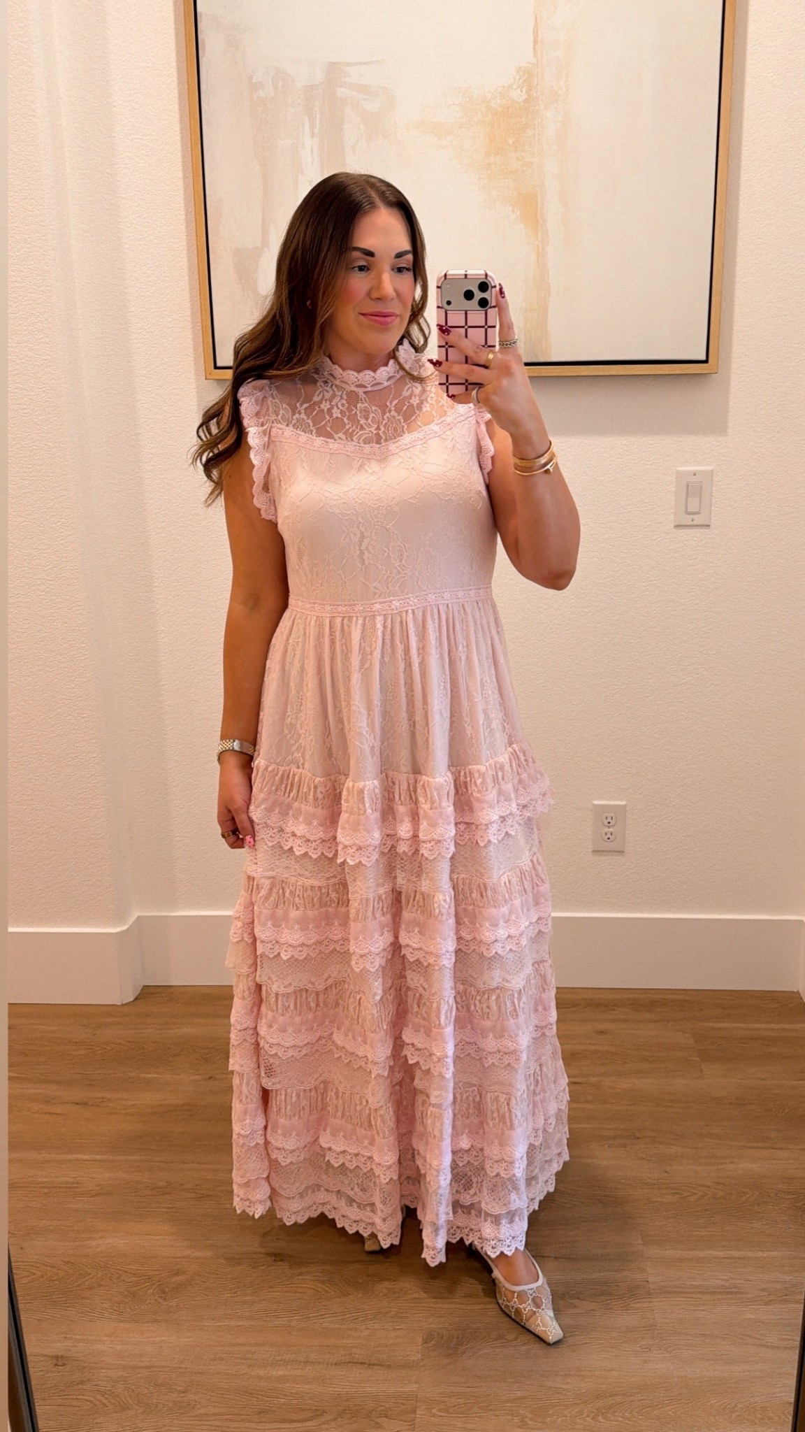 pink lace long dress for spring! what i wore on Easter. in the size large! comes in a coordinating mini version 

#LTKMidsize #LTKSeasonal