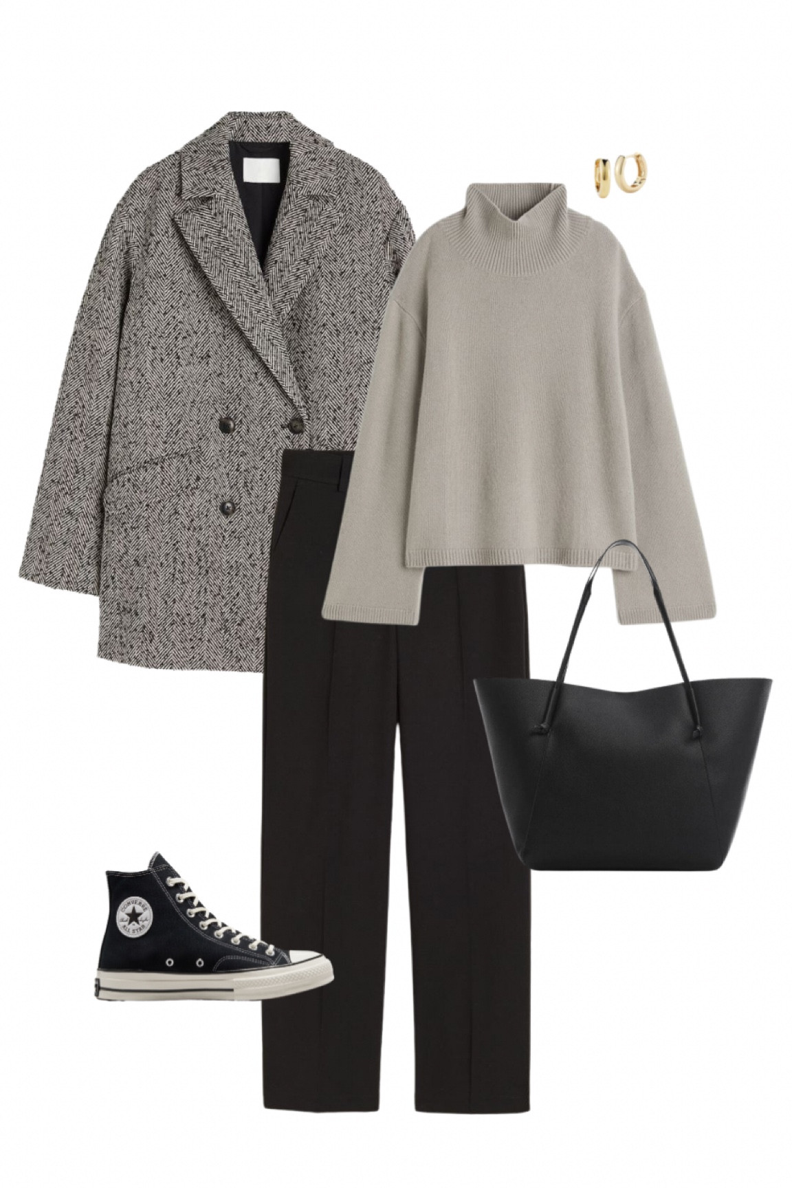 Office outfit inspo: a short coat, turtleneck cashmere sweater, tailored black pants, converse high top sneakers, gold jewellery and a black shopper bag from mango.

#LTKstyletip #LTKitbag #LTKworkwear