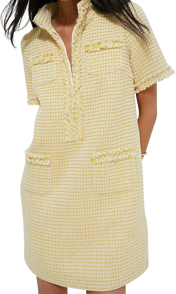 COZYPOIN Womens Tweed Mini Dress Elegant V Neck Short Sleeve Business Shift Dresses for Work Casu... | Amazon (US)