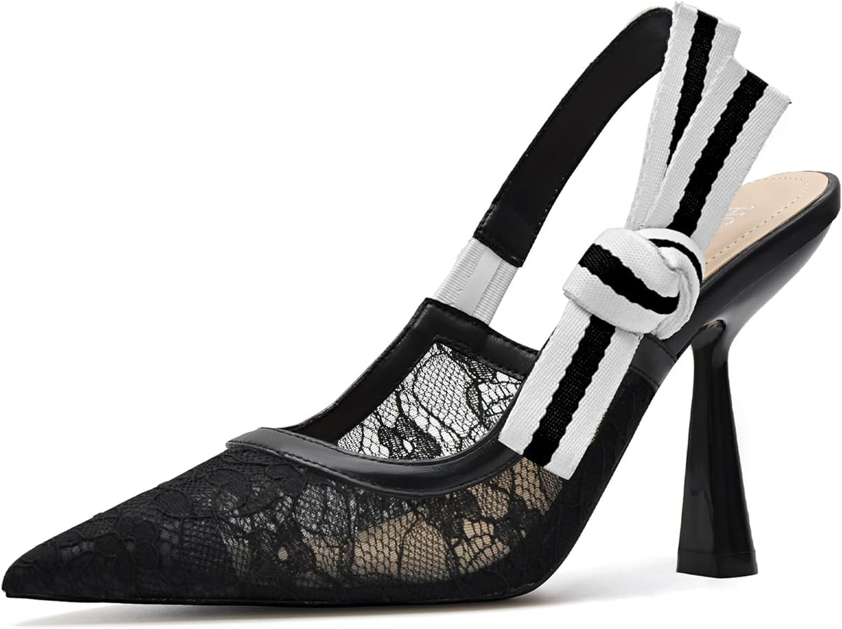 Slingback Heels for Women Closed Pointed Toe High Heels Bowknot Knitted Dress Work Wedding Pumps ... | Amazon (US)