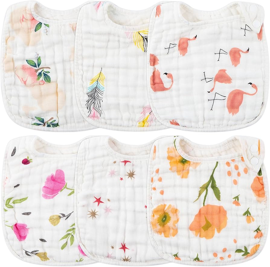 Zainpe 6Pcs Snap Muslin Cotton Bibs for Baby Flamingo Star Flower, Machine Washable Adjustable Bu... | Amazon (US)