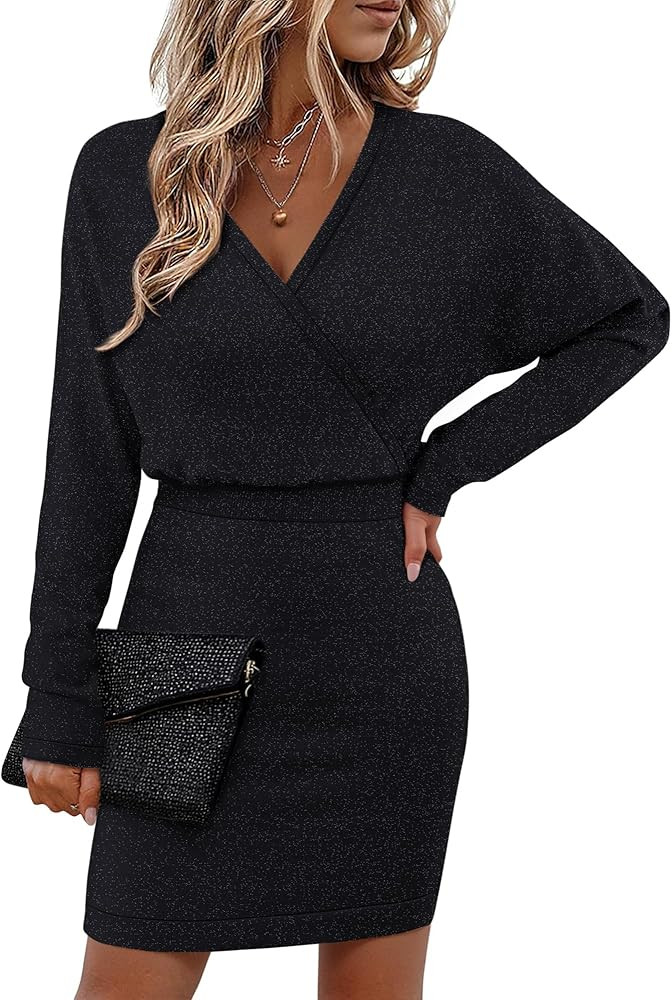 Bebonnie Womens Sexy V Neck Batwing Sleeve Sparkly Cocktail Party Sweater Dresses Holiday Bodycon... | Amazon (US)
