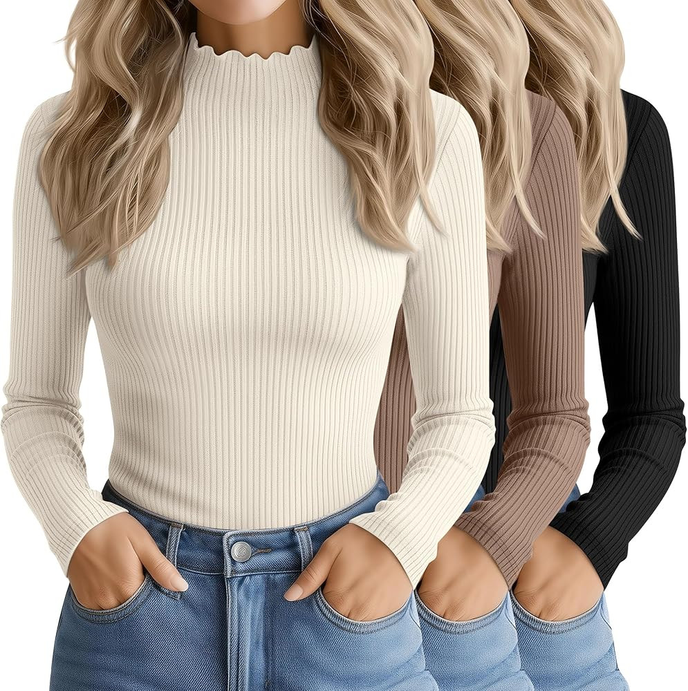 3 Pack Women's Cotton Long Sleeve Mock Turtleneck Tops Ribbed Lettuce Trim Slim Fit Shirts Therma... | Amazon (US)