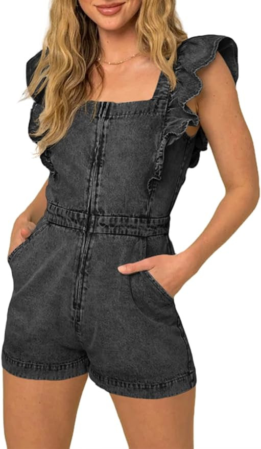 PLNOTME Women's Cute Denim Rompers Cotton Ruffle Cap Sleeve Square Neck Zip Up Jeans Short Jumpsu... | Amazon (US)