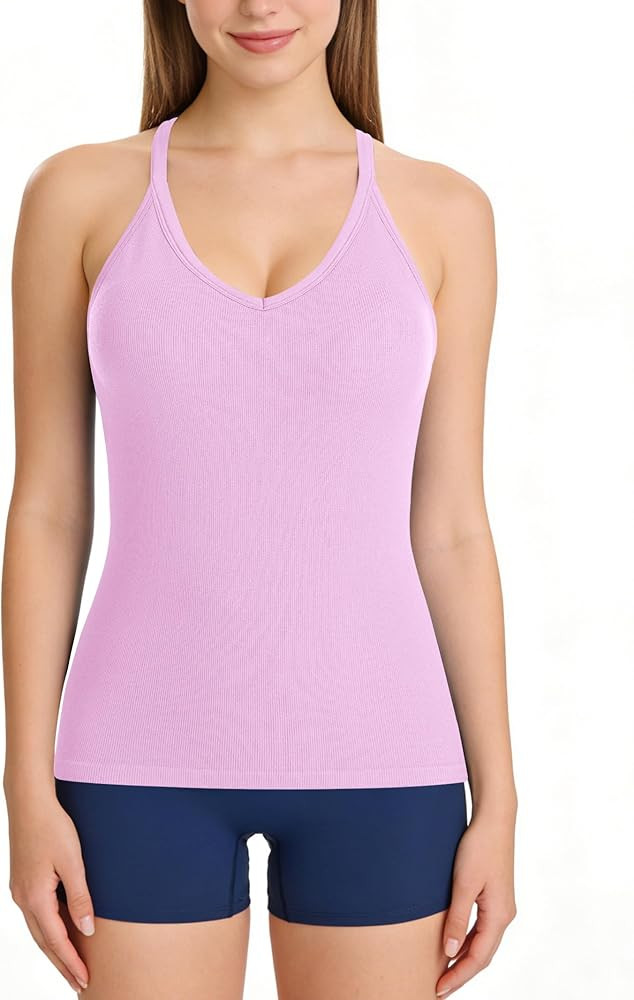 ATTRACO Ribbed Workout Tank Tops for Women with Built-in Bra V Neck Rackback Going Out Camisole | Amazon (US)