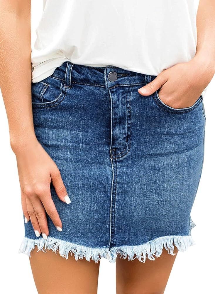 GRAPENT Women's Casual Mid Rise Ripped Pockets Distressed Short Denim Jeans Skirt | Amazon (US)