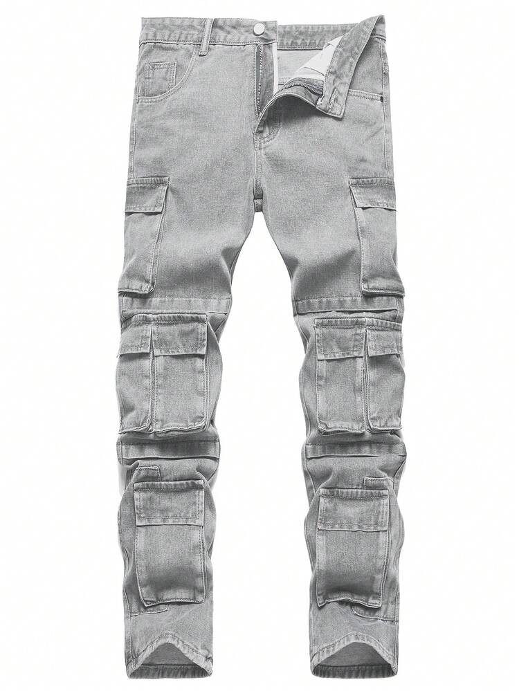 European & American Style Men's Grey Multi-Pocket Slim Fit Straight Leg Jeans | SHEIN