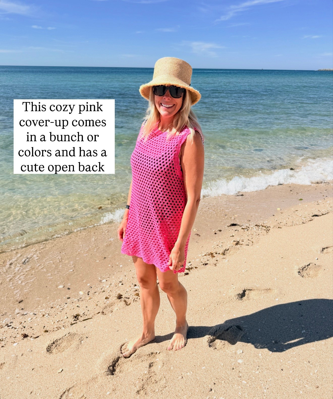 Pink crochet coverup with straw bucket hat. Size small 

#LTKTravel #LTKSwim #LTKootd