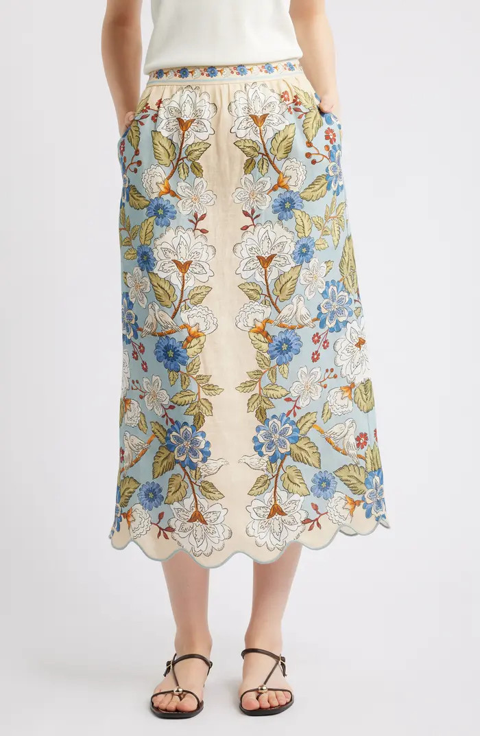 FARM Rio Garden Scarf Print Linen Midi Skirt | Nordstrom | Nordstrom
