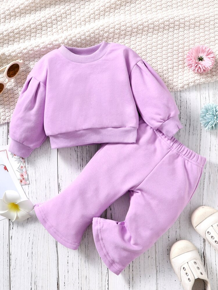Baby Solid Pullover & Flare Leg Pants | SHEIN
