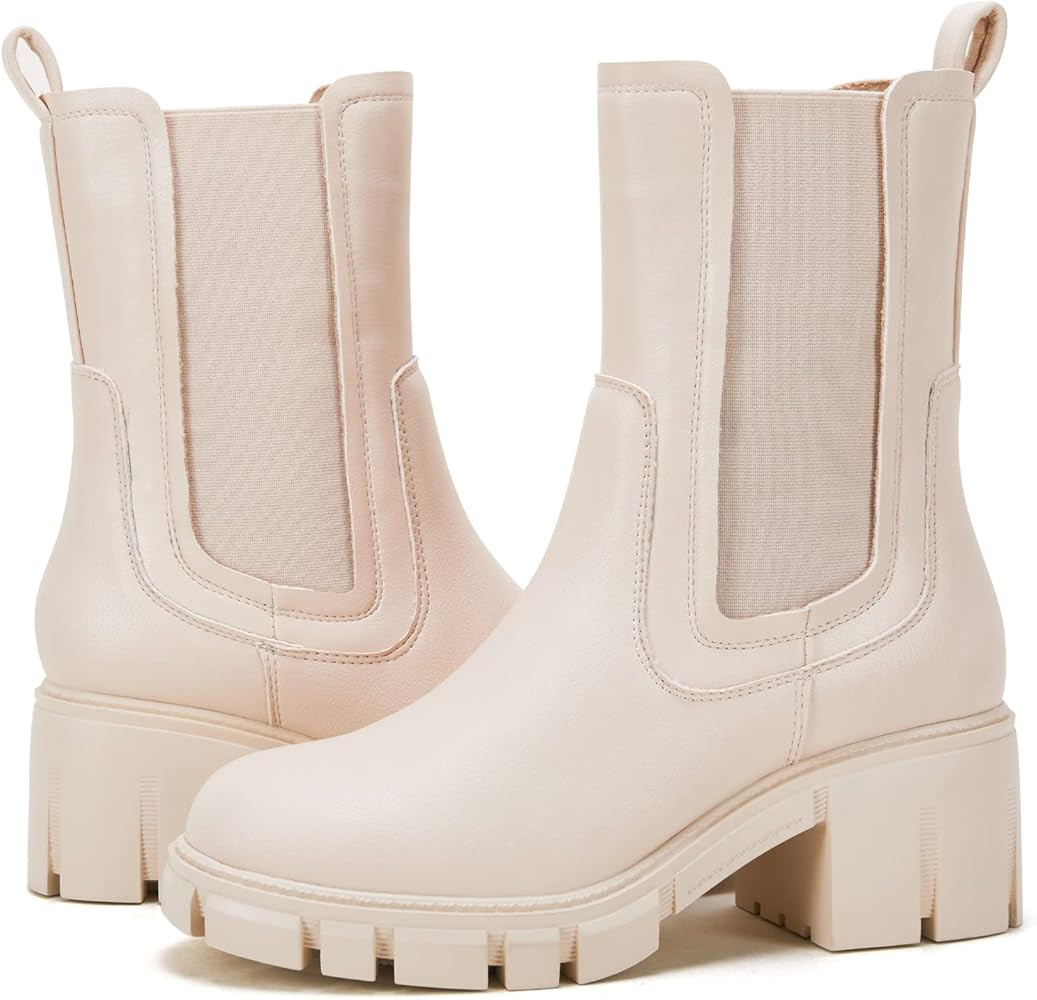 Amazon.com: Mid Chunky Boots for Women,TINSTREE Ladies Platform Chelsea Boots for Women Mid Calf ... | Amazon (US)