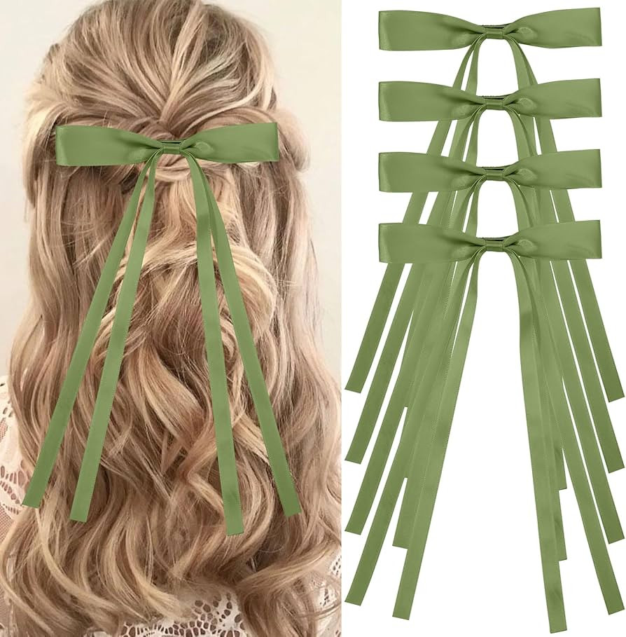 Green Hair Bows for Women,4 PCS Large Bow Hair Clips Tassel Ribbon Bowknot With Long Tail,Ribbon ... | Amazon (US)