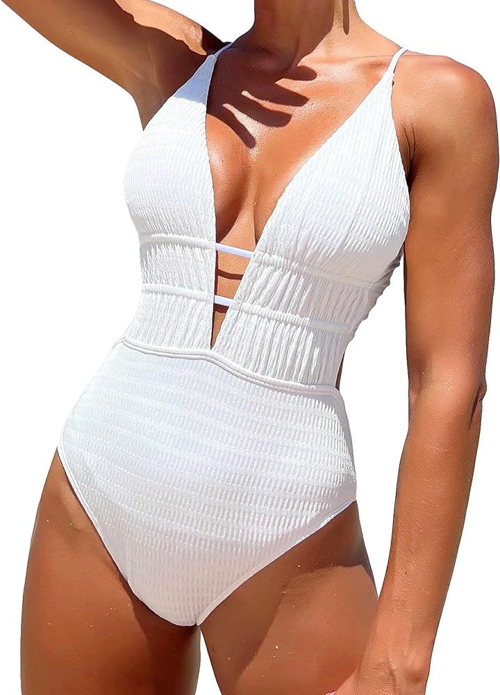 MakeMeChic Women's One Piece Swimsuit V Neck Cut Out Cross Backless High Cut Bathing Suit | Amazon (US)