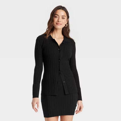 Women's Button-Down Cardigan - A New Day™ Black XS: Viscose Blend, Ribbed Cuff & Hem, Polo Coll... | Target