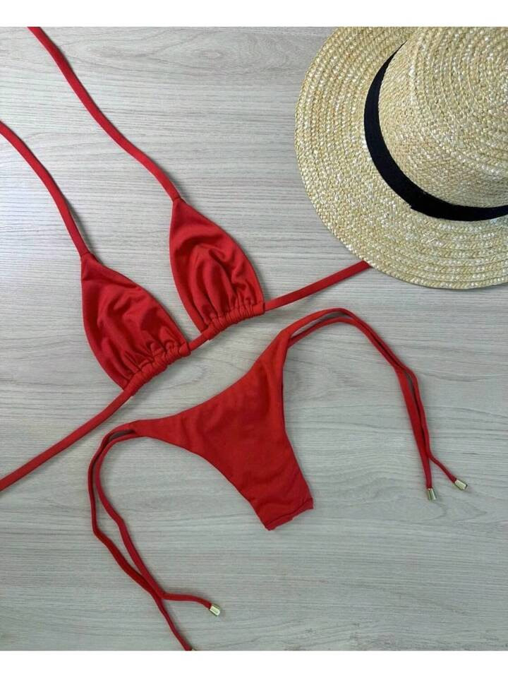 Biquini Cortininha De Amarração Feminino Simples Casual Sensual Tecido Amarrar Fita Biquini Praia Feriado Férias Viagem Verao | SHEIN