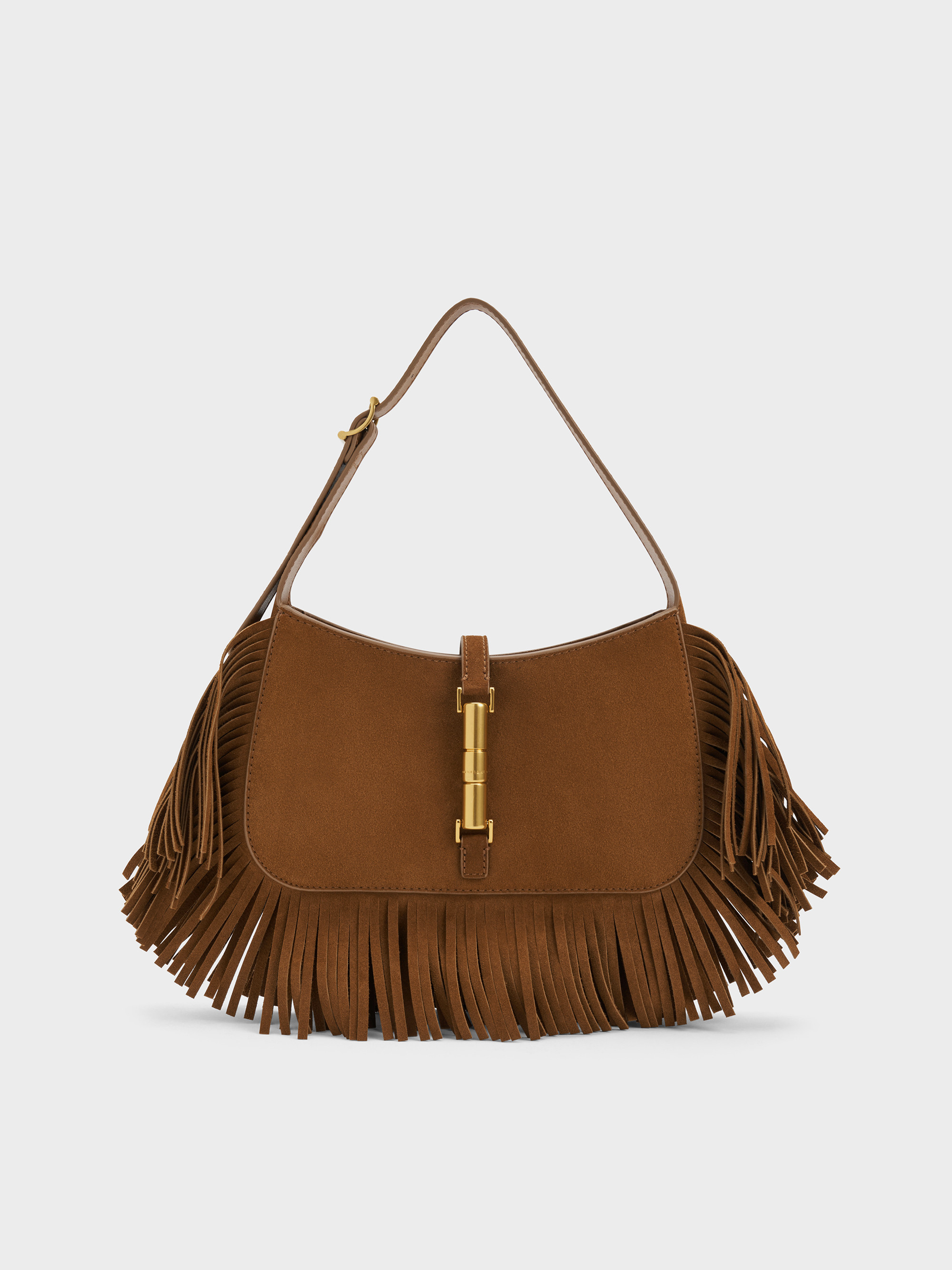 Sienna Brown Cesia Metallic-Accent Fringed Shoulder Bag | CHARLES & KEITH | Charles & Keith US