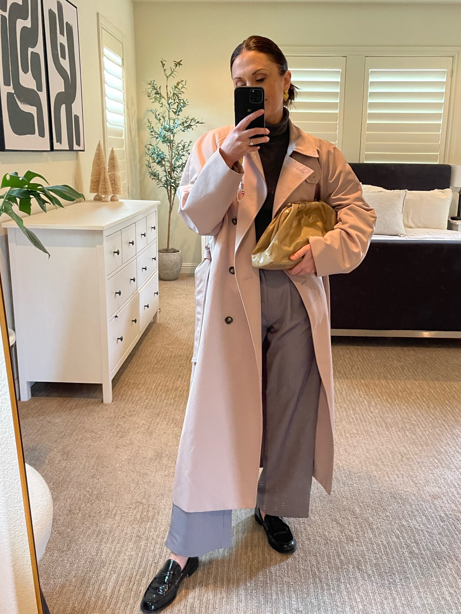 Perfect winter outfit 
Cameo trench, turtleneck, grey trousers (love these from Amazon have in black in grey dress up or down with sneakers) black loafers and Frankie bag from Anthropolgoy 

#LTKstyletip #LTKSeasonal #LTKitbag