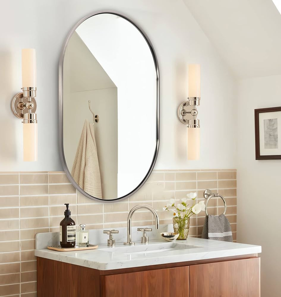 ANDY STAR Brushed Nickel Mirror, 20x30 Inch Oval Mirrors for Bathroom Brushed Nickel Pill Shaped ... | Amazon (US)